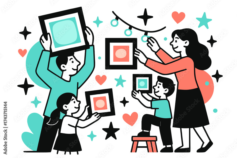 Obraz premium Creative Room Decor. Decorating rooms. A family hanging glowing picture frames and string lights, abstract floating stars and hearts highlighting creativity