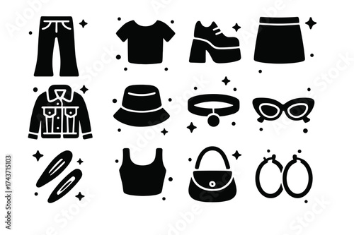 Y2K Fashion Icons. Y2K Fashion Revival. Solid icons set of Y2K Fashion Revival: Low-Rise Jeans, Baby Tee, Platform Shoes, Mini Skirt, Denim Jacket, Bucket Hat,