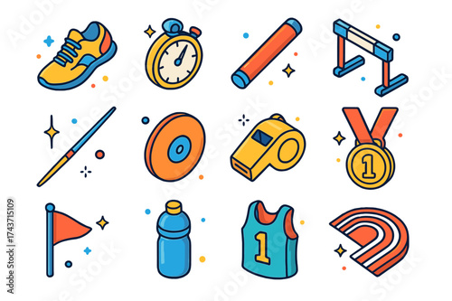 Track and Field Icons. Track and Field. Colorful isometric vector icons set of track and field: running shoes, stopwatch, baton, hurdles, javelin, discus,