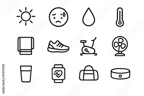Summer Fitness Icons. Summer Heat. Line icon set of Summer Heat: sun, face with sweat, water droplet, thermometer, towel, running shoe, exercise bike, fan,