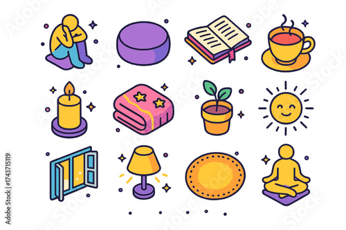 Emotional Healing Icons. Emotional healing. Colorful isometric vector icons set of emotional healing: person reflecting, meditation cushion, journal, cup of