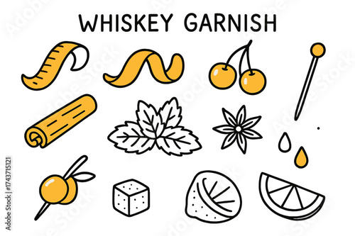 Cocktail Garnish Doodles. Whiskey garnish. Hand-drawn doodle illustration whiskey garnish lemon twist (accented), orange peel (accented), cocktail cherries