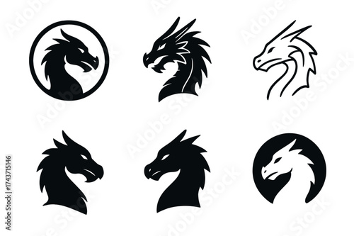 Fantasy Dragon Logos. Fictional world. Set Logo of Fantasy realm: dragon silhouette. harmonious logo variations of the same emblematic concept, each with