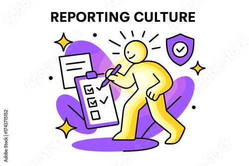 Glowing Worker Accountability. Reporting Culture. A glowing worker filling a checklist, abstract floating icons of papers, shields, and spark shapes