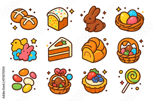 Easter Treats Icons. Easter food. Colorful isometric vector icons set of Easter food: hot cross buns, Easter cake slice, chocolate bunny, dyed eggs in nest,