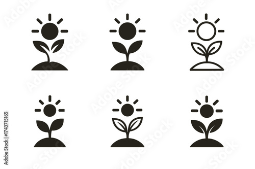 Plant Growth Logos. How a plant makes food. Set Logo of growth cycle: seedling sprouting with sun above. harmonious logo variations of the same emblematic