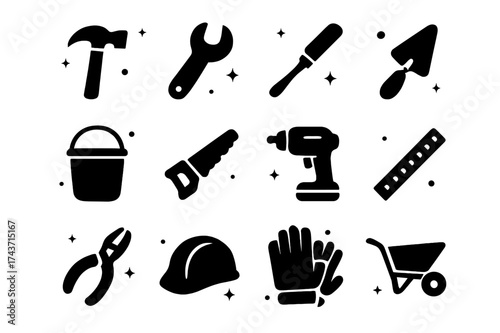 Black Construction Icons. Construction tools. Solid icons set of Construction tools: hammer, wrench, screwdriver, trowel, bucket, saw, drill, ruler, pliers,