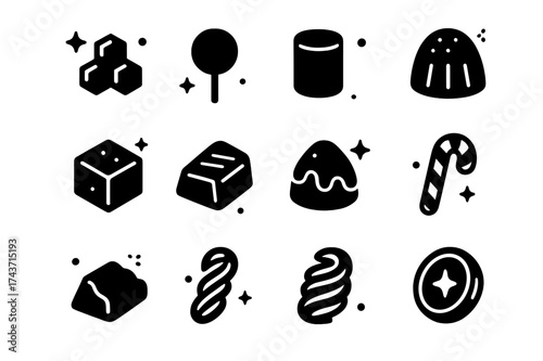 Sacred Sweets Icons. Sacred Sweets. Solid icons set of Sacred Sweets: honeycomb, lollipop, marshmallow, jelly candy, fudge square, caramel piece, truffle,