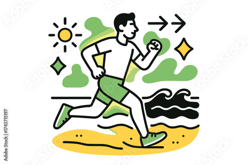 Energetic Beach Run. Beach Running. A glowing runner on sandy beach with waves behind, abstract floating spark and arrow shapes symbolizing stamina. Modern