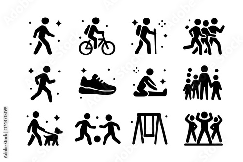 Active Lifestyle Icons. Active lifestyle support. Solid icons set of walking person, bicycle ride, hike, group run, outdoor jog, active shoes, stretching,
