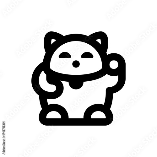 Illustration of a maneki neko, a japanese lucky cat with a raised paw, in a simple black and white style