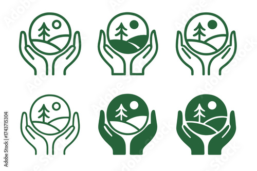Environmental Justice Logos. Environmental justice. Set Logo of Environmental justice: Indigenous land symbol (hands protecting landscape). harmonious logo