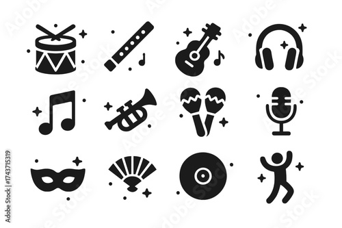 Global Music Icons. Global music. Solid icons set of Global music: drum, flute, guitar, headphones, music note, trumpet, maracas, microphone, mask, fan,