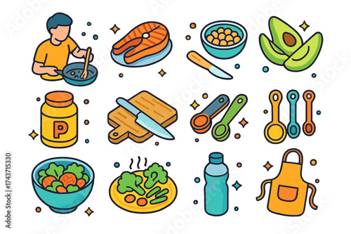 Healthy Cooking Icons. Healthy cooking. Colorful isometric vector icons set of healthy cooking: person stirring pan, grilled salmon, chickpeas, avocado slices,
