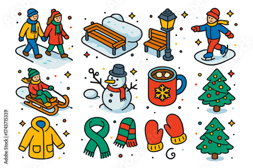 Winter Holiday Icons. Holiday stroll. Colorful isometric vector icons set of holiday stroll: people walking, snow-covered path, park benches, lampposts, ice