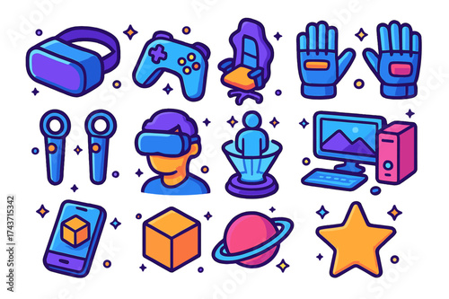 Isometric VR Gaming Icons. VR Gaming. Colorful isometric vector icons set of VR gaming: VR headset, joystick, gaming chair, gloves, motion controllers, avatar,