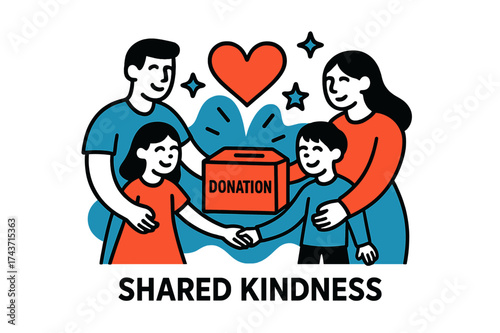 Family Donating Together. Shared Kindness. A glowing family holding hands around a donation box, abstract floating heart and star shapes symbolizing tradition