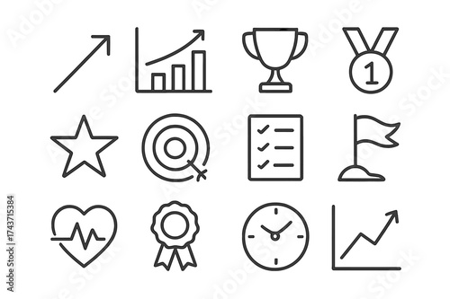 Motivation Icons Grid. Motivation and Progress. Line icon set of Motivation and Progress: upward arrow, chart, trophy, medal, star, target, checklist, goal