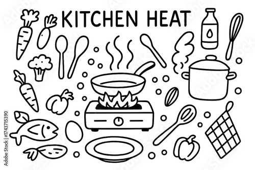 Kitchen Doodle Icons. Kitchen Heat. Hand-drawn doodle illustration Kitchen Heat frying pan, flame, steam, spatula, spoon, whisk, bubbles, pot, stove, oil