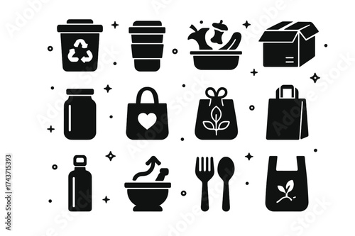 Waste Reduction Icons. Waste Reduction. Solid icons set of Waste Reduction: recycling bin, reusable cup, food waste compost, cardboard box, glass jar, reusable