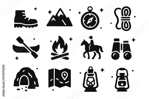 Adventure Icons Grid. Adventure Journey. Solid icons set of Adventure Journey: hiking boot, mountain, compass, rope, canoe, campfire, horse rider, cave