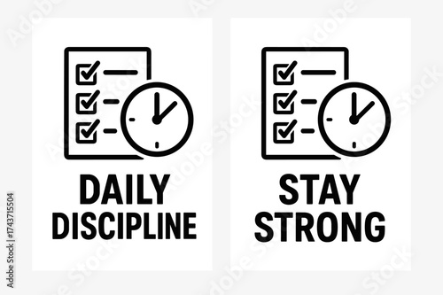 Discipline and Strength Motivation. Motivation. Two vertical A6 banners with safe margins, centered composition, no elements touching edges, flat vector