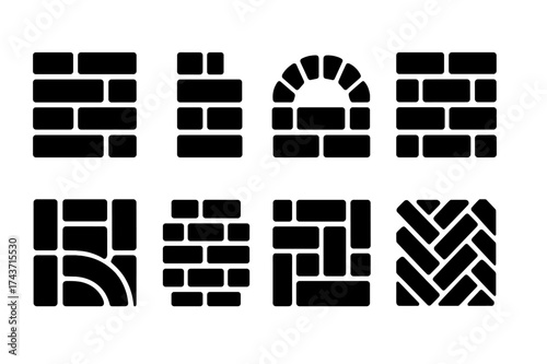 Brick Architecture Icons. Brick architecture. Filled icon set of Brick architecture: brick wall, corner detail