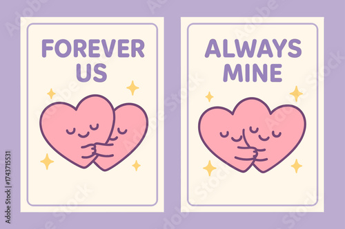 Kawaii Love Banners. Love. Two vertical A6 banners with safe margins, centered composition, no elements touching edges, kawaii style, lavender and cream,