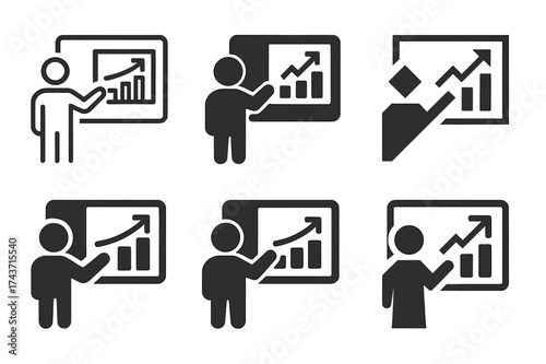 Classroom Logo Variations. Students making presentations and projects. Set Logo of classroom board: student figure pointing at chart. harmonious logo