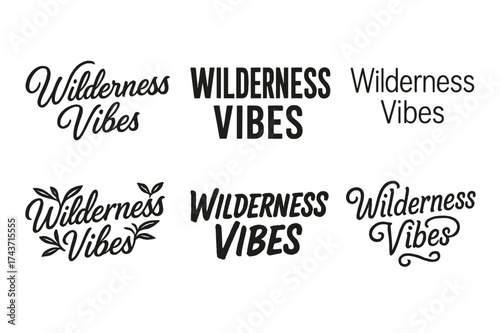 Diverse Lettering Styles Grid. Wilderness vibes. Set lettering. harmonious lettering variations of the same emblematic concept (Elegant script with flowing