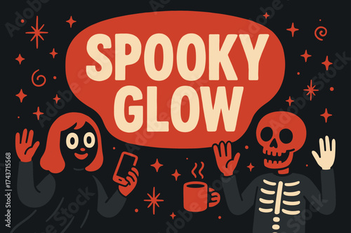 Spooky Glow Banner. Spooky Glow banner, flat vector illustration, bold oversized text inside rounded blob, cartoon characters standing and waving, holding