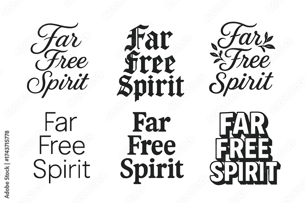 Obraz premium Diverse Lettering Styles. Far Free Spirit. Set lettering. harmonious lettering variations of the same emblematic concept, each with different