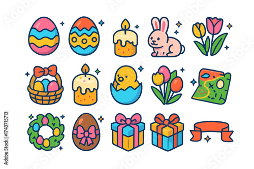 Easter Icon Extravaganza. Easter holiday. Colorful isometric vector icons set of Easter holiday: painted eggs, Easter bunny, wicker basket, Easter cake,