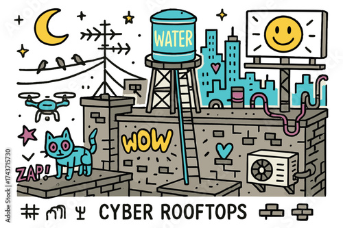 Cyber Rooftop Doodle. Cyber Rooftops. Hand-drawn doodle illustration skyline (colored), rooftop antenna, neon water tower (colored), graffiti, robot cat