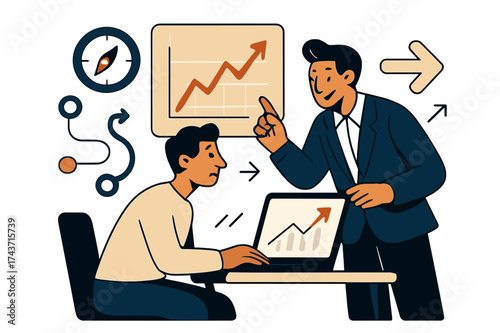 Guided Strategic Coaching. Strategic coaching. Professional at desk with mentor guiding, glowing charts floating above. Icons of compass, path, and arrows