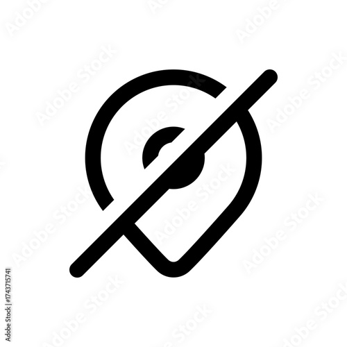A black and white graphic depicting a circular shape with a line through it indicating prohibition symbol icon