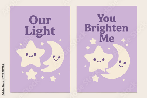 Kawaii Light Banners. Our Light. Two vertical A6 banners with safe margins, centered composition, no elements touching edges, kawaii style, lavender and cream,