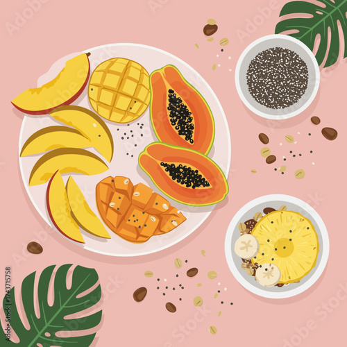 Flat Lay Tropical Fruit Plate with Chia Seed and Granola Bowl Illustration