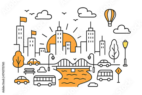 Twilight City Scene. Twilight City. Hand-drawn doodle illustration twilight city sun setting (accented), skyscrapers, skyline (accented), clouds, streetlights,