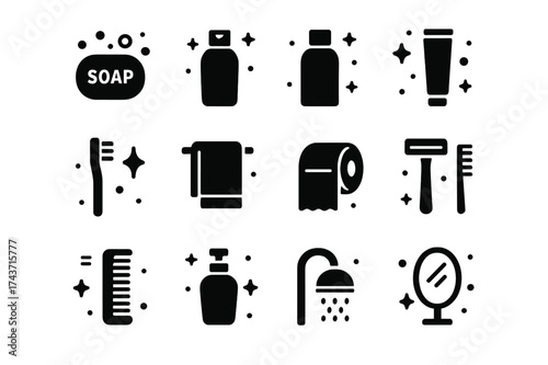 Bathroom Essentials Icons. Bathroom Essentials. Solid icons set of Bathroom Essentials: soap bar, shampoo bottle, conditioner bottle, toothpaste, toothbrush,