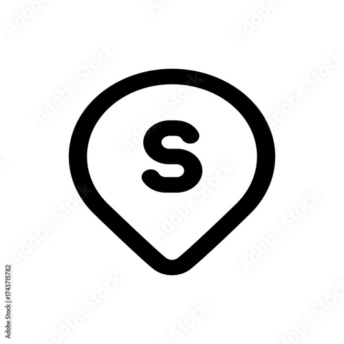 Black outlined location pin with the letter s inside on a white background in a simple graphic style
