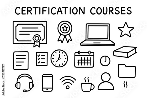 Certification Course Doodles. Certification Courses. Hand-drawn doodle illustration Certification Courses certificate, ribbon, star, laptop, book, notes,