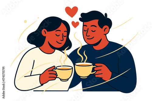 Serene Tea Moments. Quiet tea time. Glowing cups of tea held by a couple, abstract floating hearts and soft light lines emphasizing calm, closeness, and shared