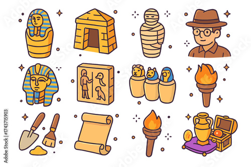 Archaeological Icon Set. Archaeological site. Colorful isometric vector icons set of archaeological site: sarcophagus, tomb entrance, mummy, hieroglyph wall,