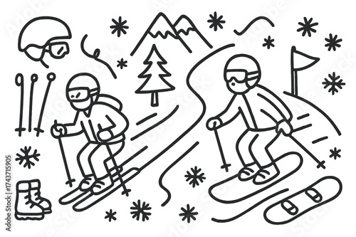Skiing Snowy Slope Doodle. Skiing or Snowboarding Down a Snowy Mountain Slope. Hand-drawn doodle illustration skiing or snowboarding down a snowy mountain