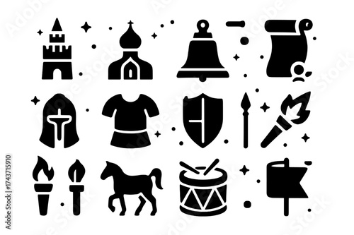 Medieval Russia Icons. Medieval Russia. Solid icons set of Medieval Russia: kremlin tower, Orthodox church dome, bell, scroll decree, knight helmet, chainmail,