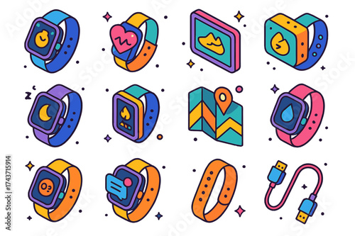 Tech Fitness Icons. Tech fitness. Colorful isometric vector icons set of tech fitness: smartwatch, heart rate sensor, step counter, exercise tracking, sleep