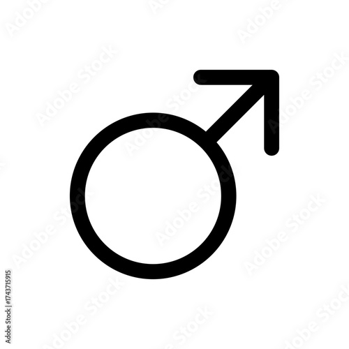 A simple black outline of the male gender symbol featuring a circle with an arrow pointing up and to the right