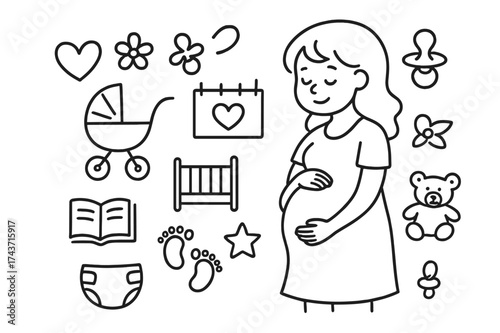 Expecting Mother Icons. Expecting mom. Hand-drawn doodle illustration expecting mom baby bump, heart, flower, stroller, crib, pacifier, bottle, teddy bear,