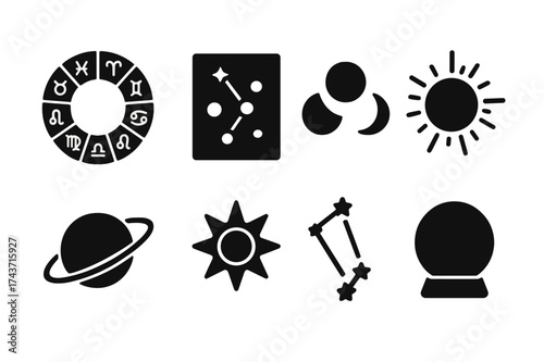 Astrology Icon Collection. Astrology. Filled icon set of Astrology: zodiac circle, star chart, moon phase,